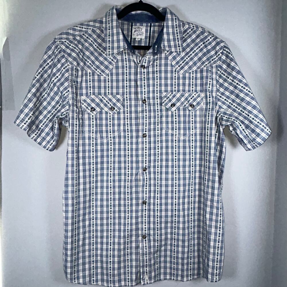 Moonshine Spirit Brad Paisley Blue/White Plaid Pearl Snap SS Shirt, Mens L